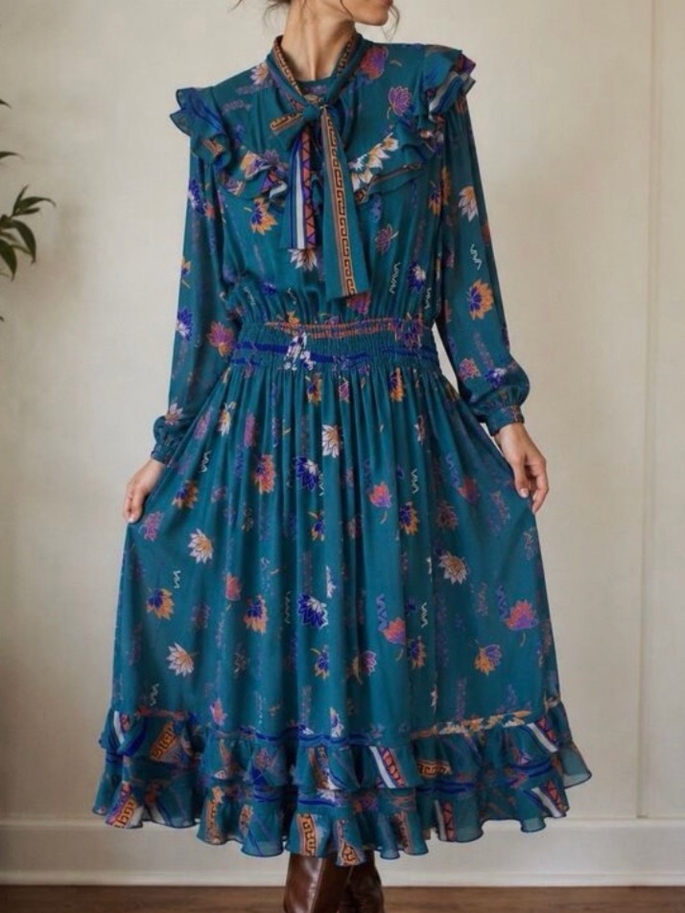 Diane Freis Vintage Teal Floral Midi Dress